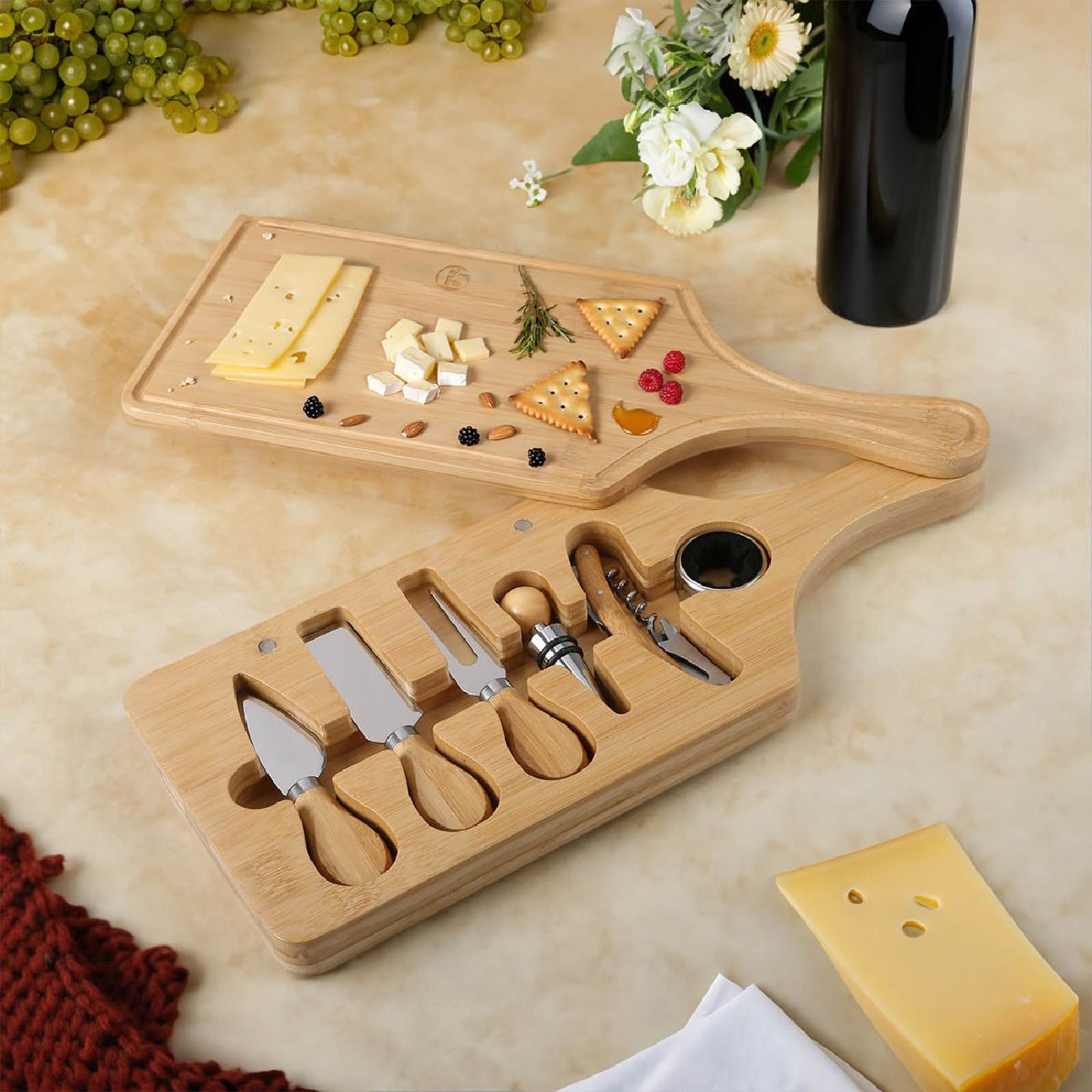 7-Piece Bamboo Wine & Cheese Board Set